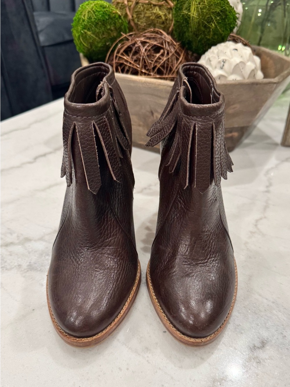ANTONIO MELANI Dark Brown Leather Fringe Ankle Booties